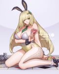  1girl animal_ears arm_under_breasts artist_name blonde_hair breasts card detached_collar fake_animal_ears fishnet_pantyhose fishnets gem green_eyes green_gemstone hair_ornament high_heels holding holding_card large_breasts leotard long_hair looking_at_viewer lusamine_(pokemon) mystra77 pantyhose playboy_bunny playing_card pokemon poker_chip rabbit_ears smile solo strapless strapless_leotard two-tone_legwear web_address wrist_cuffs 