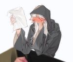  blush_visible_through_hands cloak earrings embarrassed emet-selch final_fantasy final_fantasy_xiv holding holding_letter hood hood_up hooded_cloak jewelry letter long_hair sitting tladpwl03 trembling white_hair 