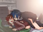  all_fours bad_id bad_pixiv_id bed_sheet bitte blue_hair bottomless breath doggystyle double_vertical_stripe glasses gym_storeroom indoors jacket looking_back male_focus multiple_boys nail_polish original red_hair saliva sex sheet_grab sweat track_jacket yaoi 
