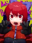  1girl akatsuki_records alternate_costume black_bodysuit bodysuit bow capelet claw_pose commentary_request fang hair_bow highres looking_at_viewer lower_teeth_only medium_bangs open_mouth purple_bow red_capelet red_eyes red_hair ribbon-trimmed_bow rock_&#039;n&#039;_rock_&#039;n&#039;_beat sekibanki sekibanki_day short_hair solo takayo_(user_yeah3737) teeth touhou upper_body zipper 