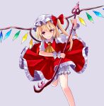  1girl ascot bloomers bow flandre_scarlet foot_out_of_frame grey_background hat hat_bow hat_ribbon holding holding_polearm holding_weapon laevatein_(touhou) leaning_forward looking_at_viewer mob_cap multicolored_wings polearm puffy_short_sleeves puffy_sleeves red_bow red_ribbon red_skirt red_vest ribbon ribbon-trimmed_headwear ribbon_trim sakizaki_saki-p shirt short_sleeves simple_background skirt skirt_set solo touhou vest weapon white_bloomers white_hat white_shirt wings yellow_ascot 