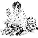  1girl arm_support backpack badge bag bottle button_badge cellphone character_sticker closed_mouth cross-laced_footwear crossed_ankles cup_ramen eyeshield_21 greyscale hair_between_eyes holding holding_phone hood hooded_jacket jacket monochrome pants phone shoes short_hair simple_background sitting smartphone smile sneakers solo sticker taki_suzuna twitter_username ueda-pix 