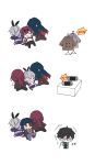  2boys 2girls absurdres black_pants blade_(honkai:_star_rail) brown_coat brown_hair chibi clothes_hanger coat cropped_torso crying crying_with_eyes_open dan_heng_(honkai:_star_rail) display_case english_text evil_grin evil_smile from_behind green_hair grey_hair grin handheld_game_console highres holding_another&#039;s_arm honkai:_star_rail honkai_(series) jacket kafka_(honkai:_star_rail) looking_at_another looking_at_object motion_lines multicolored_hair multiple_boys multiple_girls open_mouth pants red_hair shirt silver_wolf_(honkai:_star_rail) simple_background smile solid_oval_eyes streaked_hair sweatdrop tears teeth trembling turn_pale user_kva1947 white_background white_jacket white_shirt 
