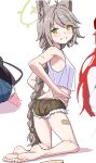  3girls ass back bandaid bandaid_on_leg bare_shoulders barefoot blue_archive blush braid breasts character_request clearite green_eyes grey_hair grin halo kneeling long_hair multiple_girls otogi_(blue_archive) red_hair shorts smile solo_focus tank_top very_long_hair 