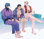  3boys absurdres ao_isami bara bare_pectorals black_hair blonde_hair character_request facial_hair highres humanization large_pectorals legs_together lewis_smith llld_(2ldk1241) looking_ahead male_focus multiple_boys muscular muscular_male pectorals short_hair shorts sideburns_stubble sitting stubble thick_eyebrows yaoi yuuki_bakuhatsu_bang_bravern 