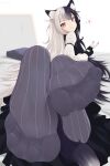  1girl :3 absurdres animal_ears black_gloves black_hair cat_ears cat_girl cat_tail commission dress feet feet_up fingerless_gloves foot_focus frilled_dress frills gloves grey_socks heart highres j.c.14 long_hair looking_at_viewer looking_back lying multicolored_hair on_bed on_stomach orange_eyes original pixiv_commission shirt socks soles solo spread_toes tail toes two-tone_hair v white_hair white_shirt 