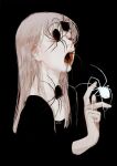  1girl artist_name black_background blending brown_eyes bug commentary grey_hair half-closed_eyes highres horror_(theme) long_hair open_mouth original pale_skin simple_background solo spider syalgu symbol-only_commentary teeth tongue 