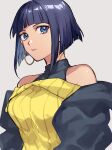  1girl black_hair blue_eyes blunt_bangs earrings grey_background highres jewelry latla_mirah looking_at_viewer medium_hair parted_lips ribbed_sweater sketch solo soso_(sosoming) straight_hair sweater undead_unluck upper_body yellow_sweater 