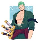  1boy abs arm_ribbon broad_shoulders character_name closed_mouth collarbone dated earrings furrowed_brow gold_earrings green_hair green_kimono hand_on_weapon haramaki highres japanese_clothes jewelry katana kimono multiple_earrings muscular muscular_male nipples one-eyed one_eye_closed open_clothes open_kimono pectorals red_sash ribbon roronoa_zoro sash scar scar_across_eye scar_on_chest short_hair stitched_torso stitches sword twitter_username upper_body v-shaped_eyebrows vamos_mk weapon 