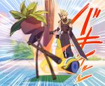  1boy armor baggy_pants belt black_gloves blonde_hair brown_belt buster_sword cloud_strife collision final_fantasy final_fantasy_vii final_fantasy_vii_rebirth final_fantasy_vii_remake flower flower_necklace full_body gloves hair_between_eyes lei male_focus mizu_cx outdoors pants plant potted_plant segway short_hair shoulder_armor single_bare_shoulder single_shoulder_pad sleeveless sleeveless_turtleneck solo spiked_hair turtleneck twitter_username weapon weapon_on_back 