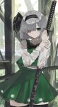  1girl black_bow black_bowtie black_hairband black_ribbon black_thighhighs blunt_bangs bob_cut bow bowtie commentary_request cowboy_shot green_eyes green_skirt green_vest grey_hair hairband highres holding holding_sword holding_weapon konpaku_youmu long_sleeves looking_at_viewer mino_(minori) open_mouth ribbon sheath sheathed shirt short_hair skirt solo sword thighhighs touhou tree vest weapon white_shirt 