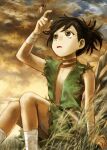  1girl abe_yoshitoshi androgynous ankle_wrap black_hair brown_eyes brown_sky bug commentary_request dororo_(character) dororo_(tezuka) dragonfly flat_chest grass guest_art hand_up highres looking_up open_clothes open_mouth outdoors ponytail reverse_trap sitting solo wrist_wrap 