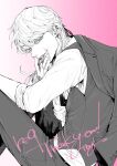  1boy ear_piercing english_text eyelashes from_side green_eyes greyscale hand_on_own_knee hand_to_own_mouth head_tilt highres jacket jacket_on_shoulders looking_at_viewer male_focus monochrome pants parted_lips piercing pill_in_mouth pink_background rkgktbr sanzu_haruchiyo scar scar_on_face shirt simple_background sitting sleeves_rolled_up solo spot_color tokyo_revengers tongue tongue_out upper_body vest 