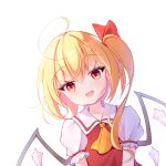  1girl ahoge ascot crystal_wings flandre_scarlet highres kk_snake open_mouth puffy_short_sleeves puffy_sleeves red_eyes red_ribbon ribbon sailor_collar short_sleeves side_ponytail simple_background solo touhou upper_body white_background yellow_ascot 