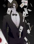  1girl absurdres ace_(playing_card) ace_of_diamonds ace_of_hearts ace_of_spades black_background black_necktie black_pants black_suit braid braided_ponytail brown_hair card collared_shirt diamond_(shape) dilated_pupils eyepatch grin hair_between_eyes heart highres katana long_hair long_sleeves looking_at_viewer necktie original pants playing_card reverse_trap scales sheath shirt simple_background smile solo spade_(shape) standing suit sword upper_body very_long_hair weapon white_shirt yellow_eyes yulei_yuuuuu 