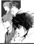  2boys bags_under_eyes black_hair closed_mouth collared_shirt death_note facing_to_the_side greyscale hair_between_eyes highres jacket l_(death_note) male_focus messy_hair monochrome multiple_boys necktie parted_lips redrawn shirt short_hair suit_jacket thumb_to_mouth upper_body white_background white_shirt yagami_light yoonmiumi 