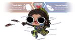  1girl apex_legends black_gloves blue_shirt brown_hair cartoonized chibi conduit_(apex_legends) english_commentary exoskeleton fingerless_gloves flip-flops floating_hair freckles gloves highres miyan_(oceanmaiden) sandals shirt short_hair smile solo tagalog_text throwing toon_(style) translation_request v-shaped_eyebrows white_background 