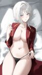 1girl absurdres black_panties blue_eyes coat collarbone cosplay dante_(limbus_company) dante_(limbus_company)_(cosplay) eonyan_(chaeyang) faust_(project_moon) grey_hair highres limbus_company looking_at_viewer lying navel no_bra on_back on_bed panties partially_undressed project_moon red_coat short_hair solo underwear white_hair 