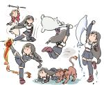  2boys 2girls aerith_gainsborough all_fours animal bare_shoulders black_gloves black_skirt black_thighhighs boots breasts brown_footwear brown_hair chibi clenched_hands creature crop_top dolphin dress elbow_gloves fighting_stance final_fantasy final_fantasy_vii final_fantasy_vii_rebirth final_fantasy_vii_remake flame-tipped_tail flaming_leg furrowed_brow gloves hair_ribbon hair_tubes high_kick holding holding_staff jacket jumping kicking long_dress long_hair low-tied_long_hair medium_breasts midriff miniskirt moogle multiple_boys multiple_girls orange_fur parted_bangs pink_dress pink_ribbon red_hair red_jacket red_xiii ribbon shirt short_sleeves sketch skirt sleeveless sleeveless_shirt staff standing standing_on_one_leg suspenders thighhighs tifa_lockhart tsubobot uppercut white_background white_shirt 