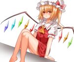  1girl ascot barefoot blonde_hair blush breasts collared_shirt crystal feet_out_of_frame flandre_scarlet frilled_shirt_collar frilled_sleeves frills hair_between_eyes hat hat_ribbon highres kiui_(dagk8254) medium_hair miniskirt mob_cap multicolored_wings one_side_up open_mouth pleated_skirt puffy_short_sleeves puffy_sleeves red_eyes red_ribbon red_skirt red_vest ribbon ribbon-trimmed_headwear ribbon_trim shirt short_sleeves skirt skirt_set sleeve_ribbon small_breasts solo thighs touhou vest white_background white_hat white_shirt wings yellow_ascot 
