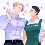  2boys ao_isami apron bara belt black_hair blonde_hair blush bursting_pectorals couple eye_contact facial_hair flirting florist hand_on_another&#039;s_waist heart highres large_pectorals lewis_smith llld_(2ldk1241) looking_at_another male_focus multiple_boys muscular muscular_male official_alternate_costume pectoral_docking pectoral_press pectorals short_hair sideburns_stubble spoken_heart stubble thick_eyebrows yaoi yuuki_bakuhatsu_bang_bravern 