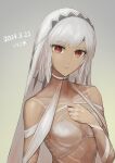  152_in_can 1girl 2024 absurdres altera_(fate) bra breasts cleavage closed_mouth collarbone commentary dark-skinned_female dark_skin dated dated_commentary fate/extella fate/extra fate_(series) gradient_background grey_background grey_bra highres jewelry long_hair looking_at_viewer red_eyes ring small_breasts smile solo straight_hair underwear upper_body white_hair white_veil 