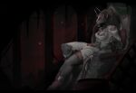anthro background_smoke bottle chair colored container female furniture hi_res horn kagora kredri mammal murid murine old_clothes pose rat ratling rodent scaven sitting solo thinking throne underground