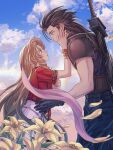  1boy 1girl aerith_gainsborough armor bangle black_gloves black_hair blue_eyes blue_sky bracelet brown_hair buster_sword cloud cloudy_sky commentary couple cowboy_shot crisis_core_final_fantasy_vii dress earrings english_commentary falling_petals final_fantasy final_fantasy_vii final_fantasy_vii_rebirth final_fantasy_vii_remake flower from_side gloves green_eyes hair_slicked_back hand_on_another&#039;s_face height_difference highres jacket jewelry long_hair looking_at_another parted_lips petals pink_dress pink_ribbon red_jacket ribbon short_sleeves shoulder_armor sky sleeveless sleeveless_turtleneck spiked_hair stud_earrings sweater sylvthea tears turtleneck turtleneck_sweater yellow_flower zack_fair 