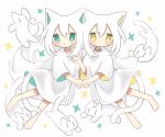  2girls animal_ears aqua_eyes barefoot blush cat cat_ears cat_girl cat_tail closed_mouth dress full_body highres long_hair looking_at_viewer matcha_ore_p multiple_girls original parted_lips simple_background tail very_long_hair white_background white_cat white_dress white_hair yellow_eyes 