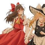  2girls apron ascot black_vest blonde_hair blush bow braid brown_hair closed_mouth commentary_request detached_sleeves frilled_bow frilled_hair_tubes frills hair_bow hair_tubes hakurei_reimu hat hat_bow hitte5416 holding_hands kirisame_marisa long_hair multiple_girls no_eyes open_mouth red_bow red_eyes red_skirt ribbon-trimmed_sleeves ribbon_trim short_sleeves side_braid single_braid skirt skirt_set smile sweatdrop touhou vest waist_apron white_apron white_bow witch_hat yellow_ascot 