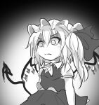 1girl clip_studio_paint_(medium) closed_mouth crystal flandre_scarlet gradient_background grey_background greyscale hair_between_eyes hat holding holding_polearm holding_weapon laevatein_(touhou) mob_cap monochrome one_side_up polearm puffy_short_sleeves puffy_sleeves samezuma_jouji shirt short_sleeves simple_background skirt solo touhou v-shaped_eyebrows vest weapon wings 