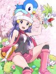  1girl :d absurdres arm_support bag beanie boots dawn_(pokemon) day duffel_bag eyelashes feeding grass grey_eyes hair_ornament hairclip hat highres holding kneehighs knees long_hair on_head open_mouth outdoors pink_footwear pink_skirt piplup pokemoa pokemon pokemon_(creature) pokemon_dppt pokemon_on_head poketch scarf shaymin shaymin_(land) shaymin_(sky) shiny_skin shirt sidelocks sitting skirt sleeveless sleeveless_shirt smile socks teeth tongue upper_teeth_only watch white_hat wristwatch yellow_bag 