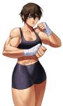  &gt;:( 1girl abs absurdres bare_shoulders biceps black_bra black_shorts bra breasts brown_hair clenched_hands crotch fighting_stance frown grey_eyes hand_wraps highres lips looking_at_viewer medium_breasts messy_hair muscular muscular_female navel nose saotome_senshu_hita_kakusu saotome_yae serious short_hair shorts solo solo_focus sotcho sports_bra sportswear standing thick_thighs thighs tomboy underwear v-shaped_eyebrows white_background 