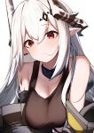  1girl absurdres arknights bare_shoulders blush breasts brown_horns brown_sports_bra cleavage closed_mouth ear_piercing expressionless hair_between_eyes hair_in_own_mouth highres horns infection_monitor_(arknights) long_hair looking_at_viewer material_growth medium_breasts mudrock_(arknights) off_shoulder oripathy_lesion_(arknights) piercing pointy_ears red_eyes simple_background solo sports_bra upper_body white_background white_hair worimehl 