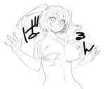  1girl bikini blush breasts closed_mouth commentary_request greyscale hair_bobbles hair_ornament large_breasts monochrome navel one-hour_drawing_challenge onozuka_komachi pera-o short_hair simple_background sketch solo swimsuit touhou two_side_up upper_body wardrobe_malfunction 