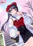  1girl :o alternate_costume alternate_hairstyle belt_buckle black_hair black_skirt blush buckle casual cellphone cherry_blossoms commentary_request dutch_angle earrings hat heart heart_earrings highres holding holding_phone idolmaster idolmaster_shiny_colors jacket jewelry long_hair looking_at_viewer mayuzumi_fuyuko outdoors peaked_cap phone red_hat shirt shirt_tucked_in skirt sleeveless sleeveless_shirt solo stairs sutoroa two-tone_shirt very_long_hair white_jacket 