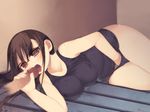  ahoge arima_senne breasts brown_hair fellatio glasses hand_under_clothes hand_under_swimsuit highres kashiwamochi_yomogi large_breasts long_hair masturbation one-piece_swimsuit oral original penis red_eyes school_swimsuit solo_focus swimsuit 