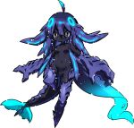 1girl absurdly_long_hair ahoge aqua_hair bioluminescence black_skin blue_eyes breasts colored_skin commentary_request fewer_digits fins fish_girl fish_tail full_body glowing glowing_hair gradient_hair hair_between_eyes long_hair looking_at_viewer monster_girl mori_no_kaeru multicolored_hair navel no_feet no_nipples no_pussy original oversized_forearms oversized_limbs purple_hair small_breasts solo tail two-tone_hair very_long_hair white_background 