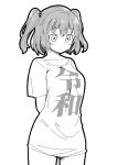  1girl alternate_costume arms_behind_back blush breasts closed_mouth commentary_request greyscale hair_bobbles hair_ornament monochrome onozuka_komachi pera-o shirt simple_background solo t-shirt touhou two_side_up 