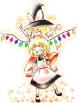  2girls apron arms_up black_footwear black_shirt black_skirt blonde_hair bow braid fang flandre_scarlet full_body happy hat hat_bow kirisame_marisa koufukutei_yumeko long_hair maid_apron mary_janes multicolored_wings multiple_girls one_side_up open_mouth puffy_short_sleeves puffy_sleeves red_footwear red_skirt shirt shoes short_sleeves simple_background single_braid sitting sitting_on_person skirt socks standing teeth touhou white_apron white_bow white_shirt white_socks wings witch_hat yellow_background 