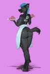 anthro apron apron_only black_body black_fur black_hair blue_hair breasts butt canid cannie cephalopod clothing coleoid dessert doughnut ear_piercing ear_ring female food fur hair hi_res humanoid_hands hyena looking_at_viewer magna_nsfw mammal marine mollusk mostly_nude multicolored_body multicolored_fur multicolored_hair nipples octopodiform octopus paws piercing plates rear_view ring_piercing simple_background smile solo tail tattoo tongue two_tone_body two_tone_hair