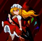  1girl alternate_hair_length alternate_hairstyle clip_studio_paint_(medium) closed_mouth flandre_scarlet hair_between_eyes hat holding holding_polearm holding_weapon light_smile long_hair lowres mob_cap multicolored_wings polearm puffy_short_sleeves puffy_sleeves red_background red_eyes red_skirt red_vest samezuma_jouji shirt short_sleeves skirt solo touhou v-shaped_eyebrows vest weapon white_hat white_shirt wings 