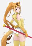  1girl :/ arm_at_side ass bo_staff breasts brown_eyes brown_hair circlet closed_mouth elbow_gloves gloves golden_snub-nosed_monkey_(kemono_friends) gradient_hair hair_ears hand_on_own_hip highres holding holding_polearm holding_weapon kemono_friends leotard long_hair looking_at_viewer looking_to_the_side medium_breasts microskirt monkey_girl monkey_tail multicolored_hair orange_hair pleated_skirt polearm simple_background skirt solo standing tail tanabe_(fueisei) taut_clothes taut_leotard thighhighs very_long_hair weapon white_background white_skirt 