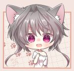  1girl 9-nine- animal_ear_fluff animal_ears black_hair blush cat_ears cat_girl chibi clenched_hand eyes_visible_through_hair fang floating_hair hair_between_eyes hand_up highres kemonomimi_mode looking_at_viewer open_mouth paw_print pink_background red_eyes shirt short_hair_with_long_locks short_sleeves signature simple_background single_bare_shoulder skin_fang slit_pupils solo upper_body utuigawa v-shaped_eyebrows white_shirt yuuki_noa 