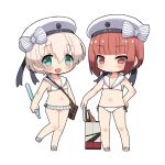  2girls bikini blonde_hair brown_eyes brown_hair chibi clothes_writing green_eyes hat kantai_collection multiple_girls navel rikaon sailor_bikini sailor_collar sailor_hat short_hair side-tie_bikini_bottom swimsuit white_bikini white_hat z1_leberecht_maass_(kancolle) z3_max_schultz_(kancolle) 