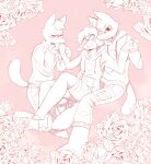  ambiguous_gender anthro aym_(cult_of_the_lamb) baal_(cult_of_the_lamb) blush blush_lines bovid caprine clothed clothing cotl-flower-crown cult_of_the_lamb domestic_cat felid feline felis flirting flower fluffy group hi_res kissing_hand lamb_(cult_of_the_lamb) male mammal massive_monster_(studio) pink_background plant polyamory rose_(flower) sheep simple_background trio tuft 