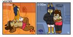 anthro bear blue_hair bodily_fluids bookshelf boxers_(clothing) breasts brown_body brown_fur brown_hair clothing cold comic duo fan_(object) female freezing fur furniture hair hi_res hot_weather humor jacket long_hair lying male male/female mammal multicolored_body on_back on_ground rodent sciurid shaking shirtless simple_background sofa standing sweat teot text toony topwear tree_squirrel trembling two_tone_body underwear warm weather yellow_body yellow_fur