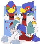 anthro avian beak boots clothing english_text falco_lombardi footwear hi_res kiirono male nintendo simple_background sitting solo star_fox text