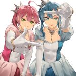  2girls :p :q ahoge alternate_costume bibideba_(hololive) blue_dress blue_eyes blue_hair breasts center-flap_bangs collarbone commentary_request double-parted_bangs dress earrings elbow_gloves eyeshadow finger_frame finger_frame_duo gloves hair_between_eyes highres hololive hoshimachi_suisei jewelry knees_out_of_frame leaning_forward long_hair looking_at_viewer makeup multiple_girls necklace pink_dress pink_eyeshadow puffy_short_sleeves puffy_sleeves rena_sakuma sakura_miko short_sleeves side_ponytail simple_background single_sidelock small_breasts standing star_(symbol) star_in_eye symbol_in_eye tiara tilted_headwear tongue tongue_out virtual_youtuber white_background white_gloves 