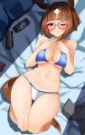  1girl alternate_costume animal_ears bed bikini blue_bikini blush breasts brown_hair cleavage commentary_request glasses highres horse_ears horse_girl horse_tail komb large_breasts looking_at_viewer lying multicolored_hair on_back on_bed one_eye_closed red-framed_eyewear red_eyes short_hair smile solo streaked_hair swimsuit tail tongue tongue_out transcend_(umamusume) umamusume white_hair 